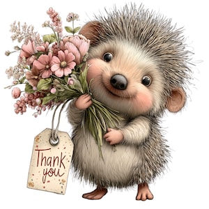 Puede incluir: Ilustración de un erizo sonriente sosteniendo un ramo de flores rosas y vegetación. El erizo tiene una etiqueta que dice "Thank you". La imagen está sobre un fondo blanco.