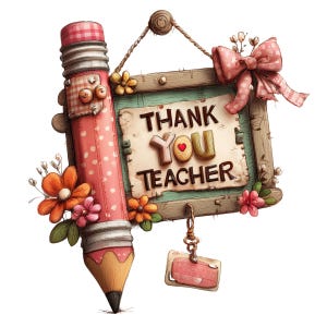 Puede incluir: Un letrero decorativo en forma de lápiz con las palabras "Thank You Teacher". El lápiz es rosa con lunares blancos y una goma a cuadros. Un lazo rosa y flores adornan el letrero, que cuelga de una cuerda.