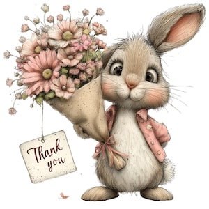 Op de afbeelding: Een illustratie van een konijn met een boeket roze en perzik bloemen verpakt in bruin papier. Het konijn draagt een roze jas en houdt een label met de tekst "Thank you" vast. De afbeelding heeft een zachte aquarel stijl.