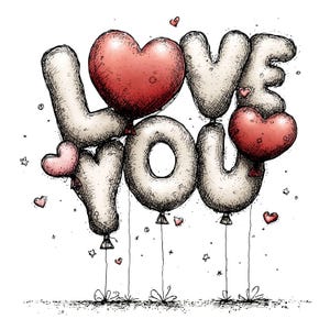May include: A whimsical illustration spells out "LOVE YOU" with balloon letters and heart-shaped balloons. The letters are off-white with a textured appearance, and the heart balloons are red. Small hearts and stars float around the balloons.