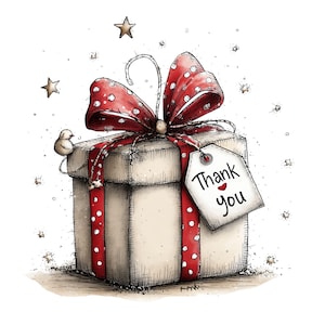 Op de afbeelding: Een illustratie van een cadeauverpakking met een rode strik en lint met witte stippen. De doos heeft een label met de tekst "Thank you" en een hartje. Een kleine vogel zit op de doos, met sterren verspreid.
