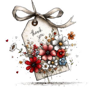 Può includere: Un'etichetta regalo in stile acquerello con sfondo beige e nastro marrone. L'etichetta dice "thank you" in corsivo nero ed è adornata da un bouquet di fiori rossi, rosa, bianchi e blu. Piccoli cuori e fiori sono sparsi.