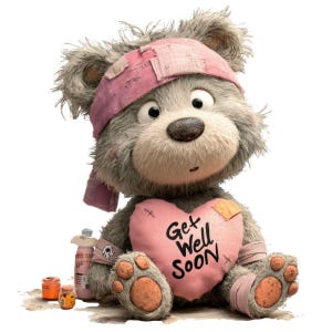 May include: A gray teddy bear with a pink bandage on its head and bandages on its paws. The bear is holding a pink heart-shaped pillow with the words "Get Well Soon" on it. There are small bottles and jars near the bear.