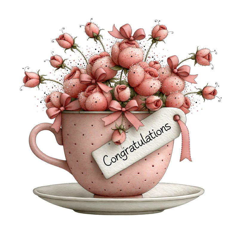 May include: A light pink teacup and saucer filled with a bouquet of pink roses and small pink bows. A white rectangular tag hangs from the cup with the word Congratulations printed in black script. The cup features a subtle dotted texture.
