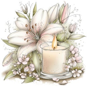 Puede incluir: Una vela encendida en un portavelas de vidrio transparente, rodeada de lirios blancos, flores rosas y hojas verdes. La vela está sobre un plato blanco pequeño, con un brillo suave y cálido que emana de la llama. La ilustración es de estilo acuarela.