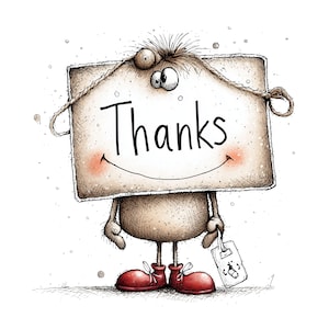 Puede incluir: Ilustración de un personaje de dibujos animados con una cabeza rectangular que dice "Gracias". El personaje tiene una cara sonriente, brazos pequeños y zapatos rojos. Sostiene una pequeña etiqueta.