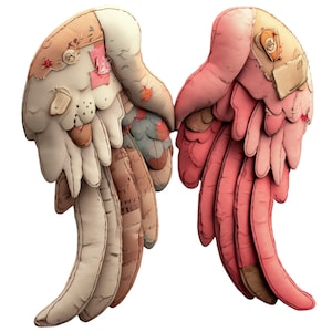 May include: Two plush angel wings, one in cream and tan tones, the other in shades of pink. The wings have a patchwork design with stitched details and small embellishments. The wings are designed to look like they are made of fabric.