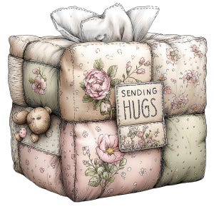 May include: A square gift box illustration with a patchwork design in soft pastel colors. The box is adorned with floral patterns, a white bow, and a small sign that reads "SENDING HUGS". A small teddy bear is attached to the side.