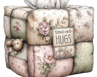 Gute Besserung Kartengrafik - 21 Patchwork PNGs mit Care Paket, Kuscheldecke - Teetasse und Blumenmustern