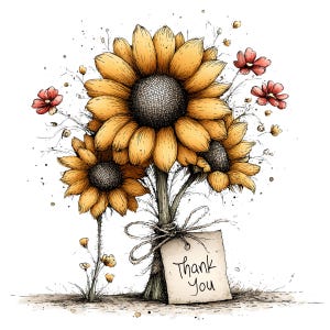 May include: Watercolor illustration of a bouquet of sunflowers with a tag that says "Thank You". The sunflowers are yellow with dark brown centers. Small red flowers and sprigs of greenery are scattered around the bouquet.