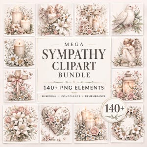 Paquete gigante de imágenes prediseñadas PNG para condolencias y homenajes: 140 diseños para tarjetas funerarias, notas de pésame y recuerdo.