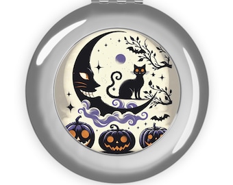 Black Cat Moon Halloween Compact Travel Mirror | Pumpkin Jack-O'-Lantern Design