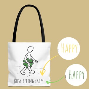 Minimalistische Stofftasche "Busy beeing Happy" | Weiße Tragetasche mit Spruch | Einkaufstasche aus Polyester | Geschenk für Frauen & Männer