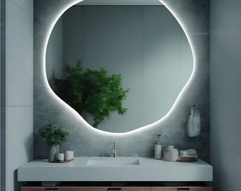 Organic Shape LED Backlit Wavy Wall Mirror: Modern Irregular Circle Vanity Mirror