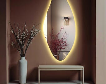 May include: A modern, oval-shaped mirror with a warm, white LED light around the perimeter. The mirror is mounted on a light pink wall, and there is a wooden bench in front of it.