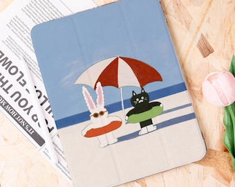 Bunny Cat on the Beach iPad Case With Pencil Holder for New iPad, Air 6, Pro 11"/12.9"/13", iPad 10.9"/10.2", iPad Mini 6/7, Gift for Her