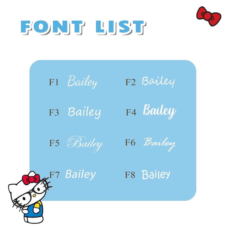 Może przedstawiać: Jasnoniebieska grafika z napisem "FONT LIST" w kolorze niebieskim. Grafika przedstawia osiem r&oacute;żnych styl&oacute;w czcionek imienia "Bailey" w kolorze białym. W rogu znajduje się postać z kresk&oacute;wki z czerwoną kokardą.