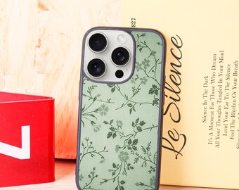 Vintage Green Floral Lace Case for iPhone 11 12 13 14 15 16 Pro Max, iPhone 12 13 Mini, X XR XS, XS Max, iPhone 7 8 Plus, New iPhone Case