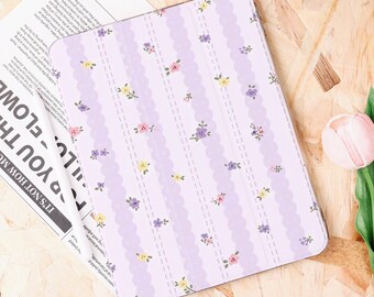 Purple Floral Stripes iPad Case With Pencil Holder for New iPad, Air 6/4/5, Pro 11"/12.9"/13", iPad 10.9"/10.2", iPad Mini 6/7, Gift for Her