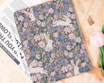 Rabbits in the Flowers iPad Case With Pencil Holder for New iPad, Air 6/5, Pro 11"/12.9"/13", iPad 10.9"/10.2", iPad Mini 6/7, Gift for Her