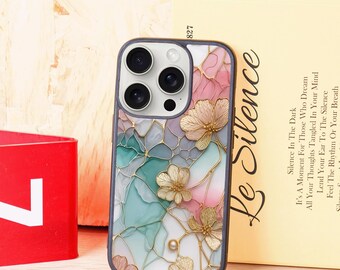 Golden Glass Flowers Phone Case for iPhone 12 13 14 15 16 Pro Max, iPhone 12 13 Mini, X XR XS, XS Max, iPhone 7 8 Plus, New iPhone Case