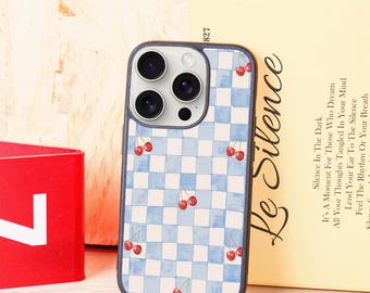 Cute Cherry Check Phone Case for iPhone 11 12 13 14 15 16 Pro Max, iPhone 12 13 Mini, X XR XS, XS Max, iPhone 7 8 Plus, New iPhone Case
