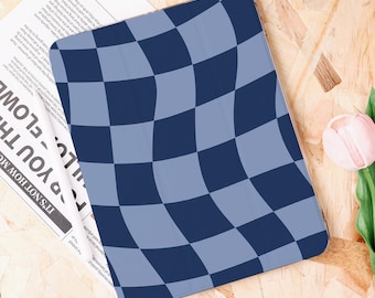 Blue Checkerboard iPad Case With Pencil Holder for New iPad, Air 6/4/5, Pro 11"/12.9"/13", iPad 10.9"/10.2", iPad Mini 6/7, Gift for Her