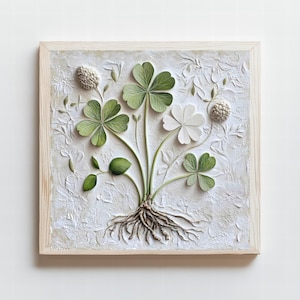 Four-leaf clover wall art, Spring wall art print, luck with shamrock charms, Kitchen wall art gallery, Cottage wall art, Botanical wall art
