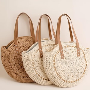 Sommer runde Strohtasche für Frauen | Handgewebte Rattan Schulter Tasche | Strand Urlaub Boho Stroh Einkaufstasche mit großer Kapazität