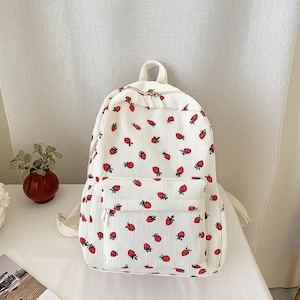 joli sac à dos esthétique à imprimé fraises | Sac à dos en velours côtelé blanc School College | Sac de voyage kawaii tendance pour femme