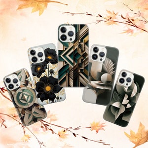 May include: Five phone cases with diverse designs. The cases showcase geometric patterns, floral motifs, and abstract art in green, beige, black, and gold hues. The cases are set against a soft, watercolour-style background.
