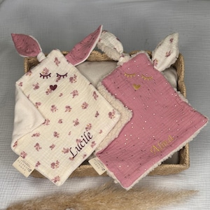 Rabbit comforter in a choice of colors - baby comforter - cotton gauze - birth gift - embroidery - flat comforter - personalized comforter - rabbit comforter