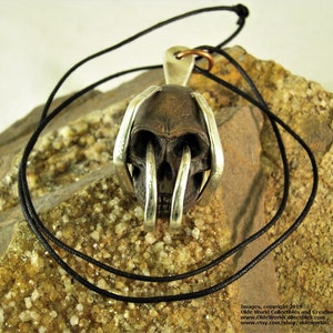 May include: A silver skull pendant with a bronze skull inside, the silver skull is shaped like hands holding the bronze skull. The pendant is on a black cord and resting on a rock.
