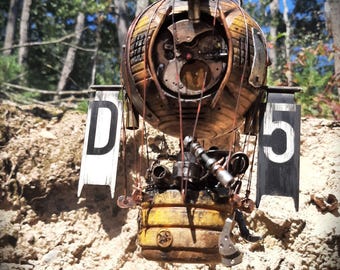 Steampunk War Balloon Sculpture- Made From Vintage Croquet Ball and Mallet- Yellow