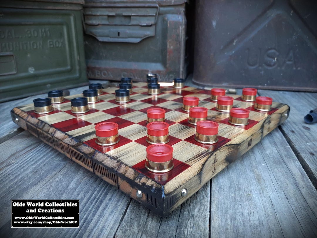 12 Gauge Shotgun Shell Checkers- Red Vs. Black W/ Pine Wood Board ...