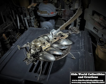 Welded steel bug sculpture-  Crabby Armored "Stove Pipe Damper"