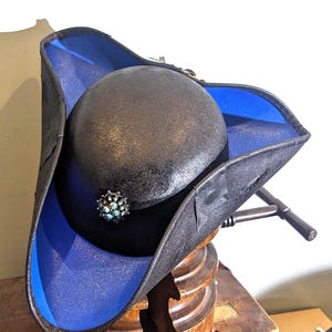 Blue Jewel Black Pirate Hat -  An Authentic Style Tricorne Ideal  Brixham, Conway, Hastings, Whitby  Pirate Festivals an party events.
