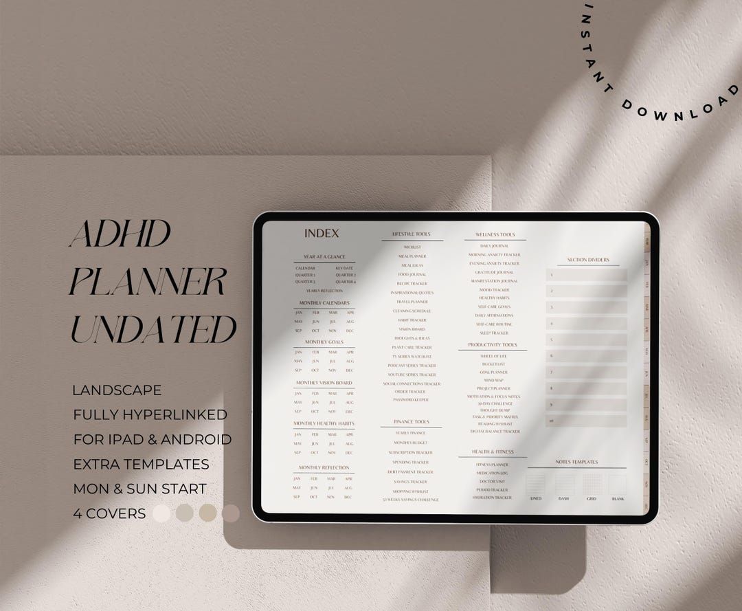 Undated ADHD Digital Planner for Goodnotes, Notability Planner, Tablet ...