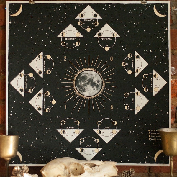 MISPRINT SALE! 2016 Lunar Calendar, Hand Printed Moon Phase Calendar, Screen Printed Poster, Galaxies, Magic