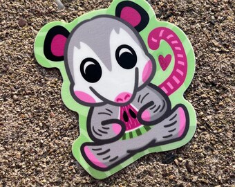 Quirky Cute Opossum Vinyl Sticker | Adorable Watermelon Trash Cat Decal for Laptops & all Your Favorite Gear