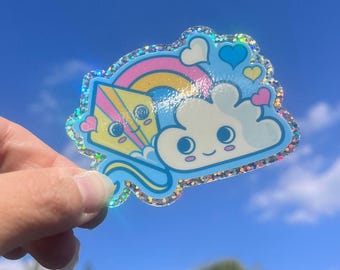 Cute Kawaii Kite & Cloud Glitter Sticker | Perfect for Laptops, Journals and Water Bottles | Dreamy Kawaii Girly Aesthetic