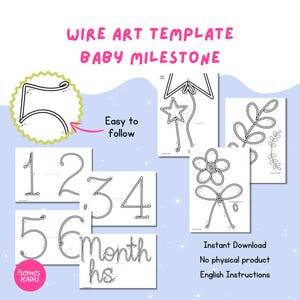 Puede incluir: Plantillas de arte de alambre en blanco y negro para hitos de bebés. Incluye los números 1-6, la palabra "Month" y varias formas. El texto "WIRE ART TEMPLATE BABY MILESTONE" está en la parte superior.