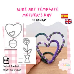 Puede incluir: Una plantilla de arte en alambre para el Día de la Madre con 10 diseños en formato PDF. La imagen muestra dos páginas impresas con dibujos lineales de corazones y una rosa en un jarrón, junto a una escultura de alambre en forma de corazón cubierta con hilo morado, verde y gris.