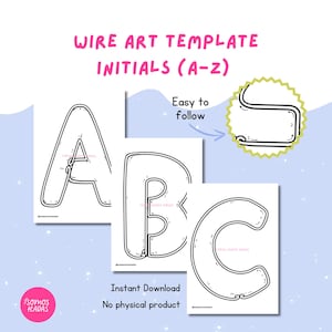 Puede incluir: Tres plantillas imprimibles de arte de alambre con las letras A, B y C en un estilo de letras de burbujas. Las plantillas son en blanco y negro e incluyen guías numeradas para facilitar el seguimiento. El texto "WIRE ART TEMPLATE INITIALS (A-Z)" está en la parte superior.
