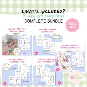 Könnte beinhalten: Ein digitales Set aus fünf Drahtkunst-Vorlagen mit dem Text WHAT'S INCLUDED? 5 wire art templates COMPLETE BUNDLE. Enthält Anleitungen für Buchstaben, Initialen, Schlüsselanhänger, Zahlen und große Zahlen mit visuellen Beispielen.