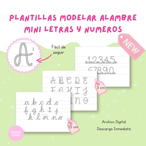 Könnte beinhalten: Digitale Vorlagen zum Drahtmodellieren mit Mini-Buchstaben und -Zahlen. Das Bild zeigt Beispiele des Alphabets und der Zahlen, mit einem rosa "NEW"-Tag. Der Text "Archivo Digital Descarga Inmediata" ist ebenfalls sichtbar.