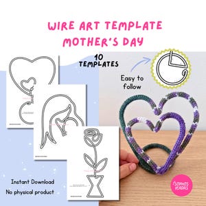 Puede incluir: Un plantilla de arte de alambre para el Día de la Madre con 10 diseños, incluyendo un corazón y una rosa. La imagen muestra una escultura de corazón de alambre terminada en verde, morado y blanco. El texto incluye "Fácil de seguir" y "Descarga instantánea".