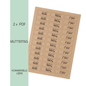 Puede incluir: Una hoja de papel marrón con 12 etiquetas de regalo imprimibles para el Día de la Madre. Las etiquetas muestran el texto "Danke Mama" y "Alles Liebe zum Muttertag" en texto negro. También hay tres etiquetas que dicen "Beste Mama" con un corazón.