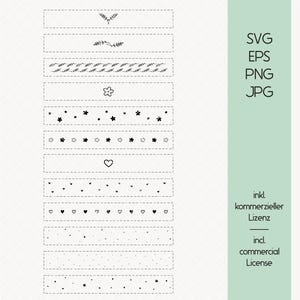 Può includere: Un set di 10 linee divisori digitali in bianco e nero da utilizzare in progetti di design digitale. I divisori includono motivi floreali, a forma di cuore e a forma di stella. L'immagine include il testo "SVG EPS PNG JPG" e "inkl. kommerzieller Lizenz" e "incl. commercial License".
