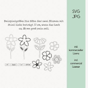 May include: Black and white line art of various flower designs, including daisies and other floral shapes. The image includes the text "SVG JPG" and "incl. commercial License". The height of the two flowers with stems is 17 cm.